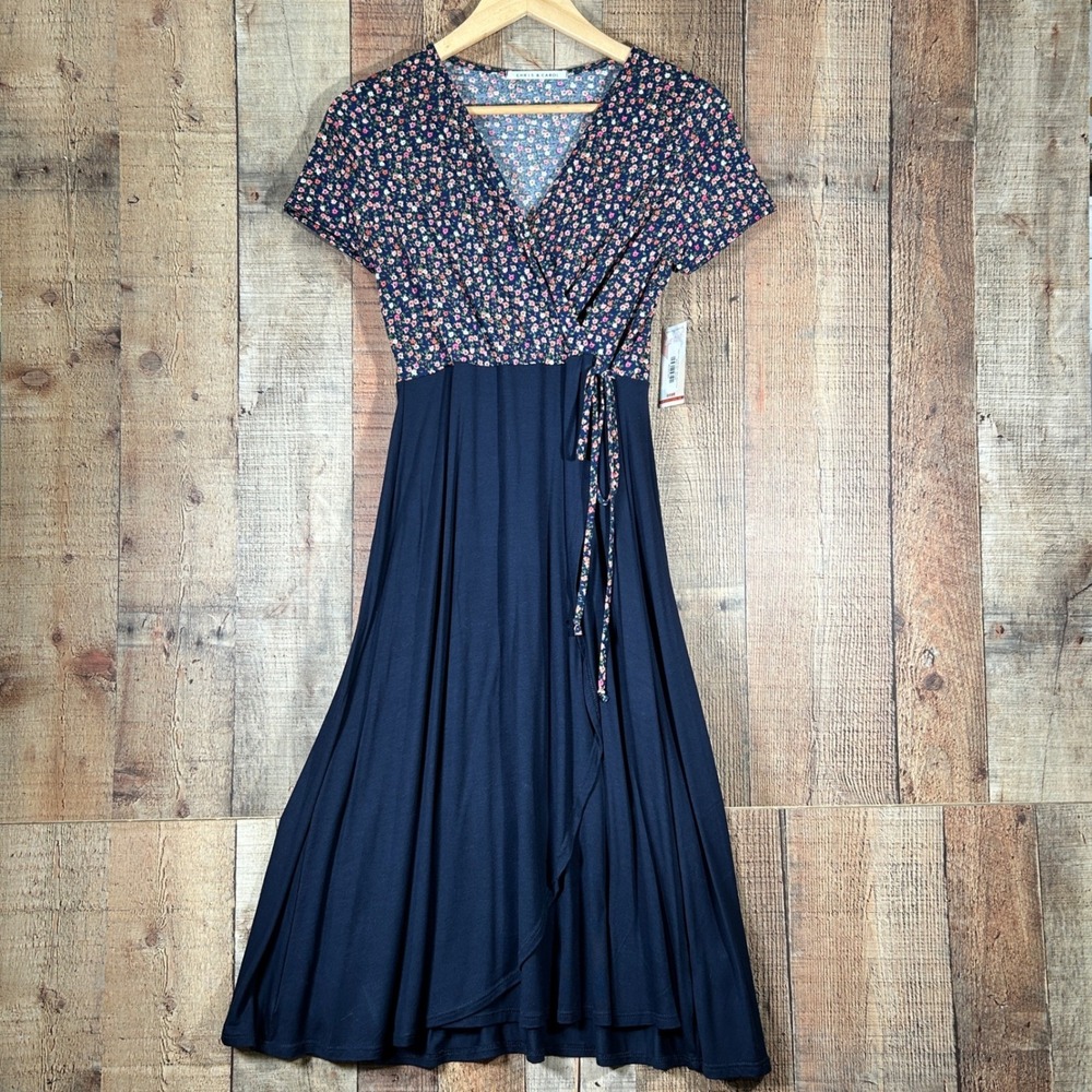 Chris & Carol Navy Blue Floral Faux Wrap Midi Dress Short Sleeve NWT Small